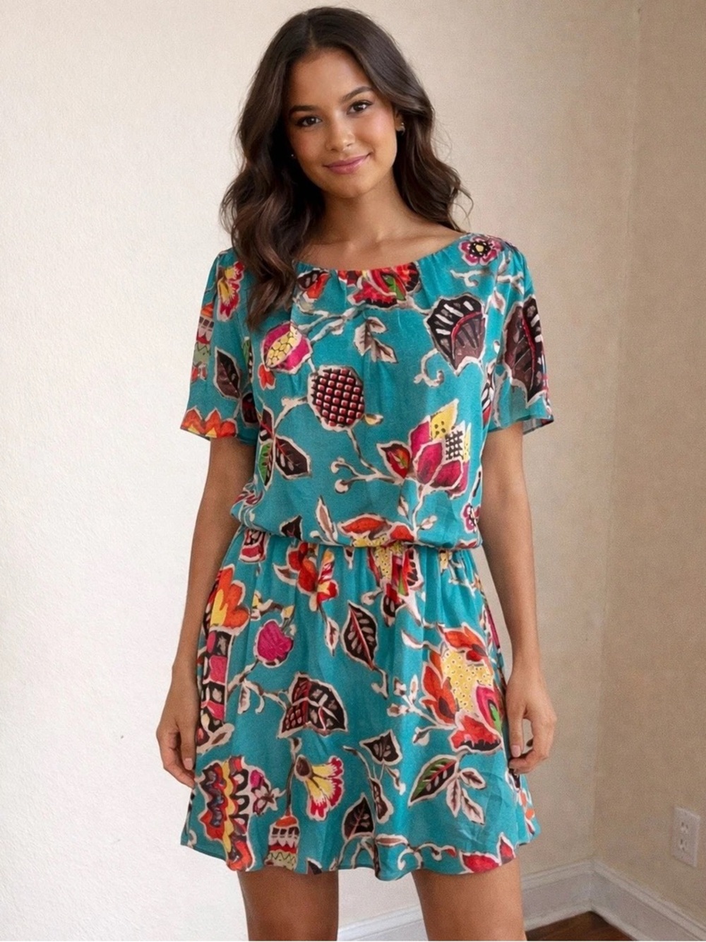 Alice + Olivia silk blue floral shift dress drop waist women size 2 short sleeve